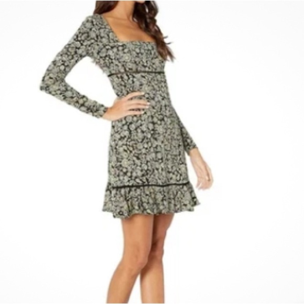 Free People  Boheme Boho blue floral mini‎ dress on black background size 2